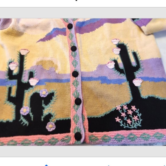 VTG Storybook Knits HANDKNIT Sweater Cardigan Southwestern Cactus - Picture 8 of 14